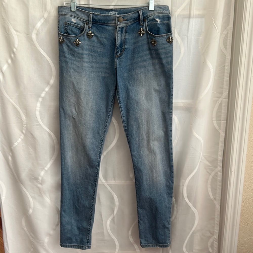 Loft Relaxed Skinny, Lightly Distressed, Jeans With Blingy Studs, Size 4